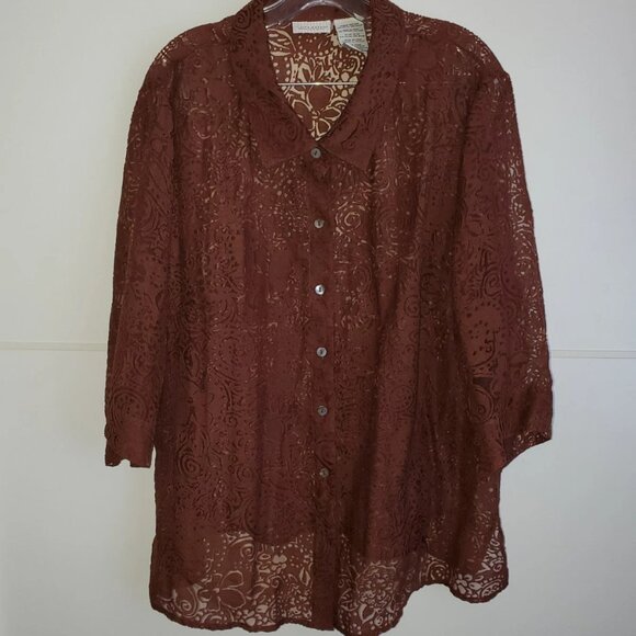 BLOUSE WHITE STAG SIZE 18W BROWN SHEER LACE 3/4 SLEEVES BUTTONS GREAT CONDITION - Picture 1 of 8
